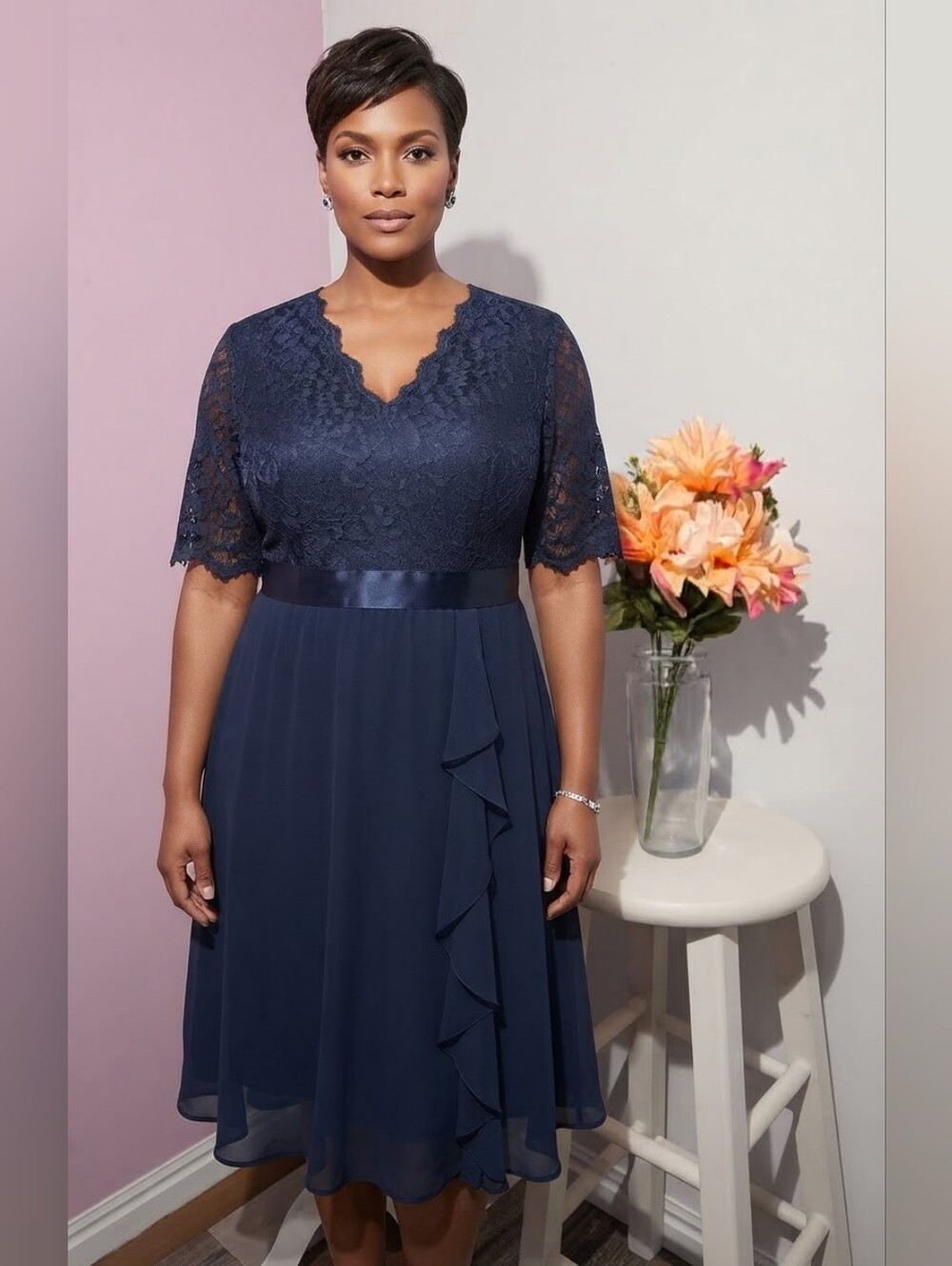 NWT Talisea Navy Blue Lace Plus Size Midi Dress Size 22W Wedding Guest